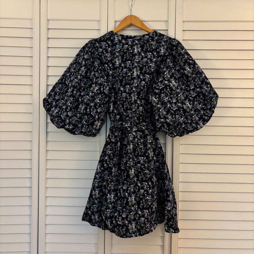 MINKPINK Navy Puff Sleeve Faux Wrap Floral Dress - Picture 6 of 7